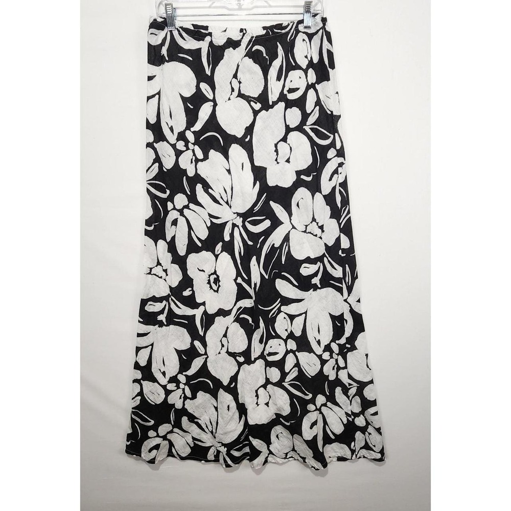 Bryn Walker Women's Size L Black White Floral Maxi Skirt Pull On Linen Blend